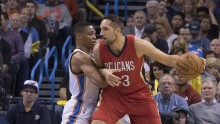 New Orleans Pelicans power forward Ryan Anderson posts up against Oklahoma City Thunder's Russell Westbrook