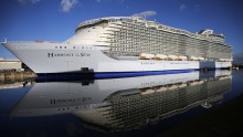 Harmony of the Seas, the world's biggest cruise ship, sails to open water for the first time.