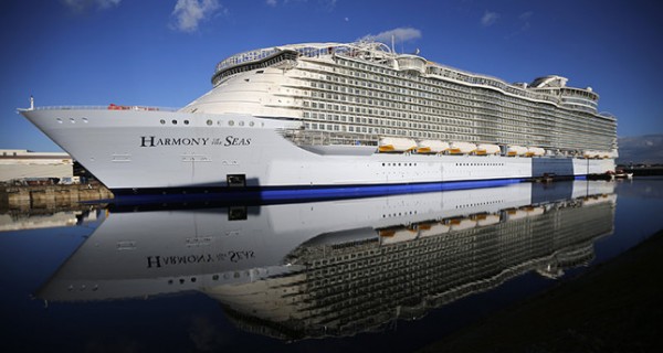 Harmony of the Seas, the world's biggest cruise ship, sails to open water for the first time.
