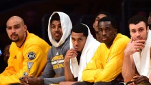 La Lakers' Nick Young and Jordan Clarkson (2nd & 3rd from L) is recently being accused of sexual harassment
