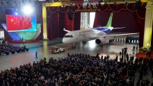 China's first self-developed large passenger jetliner C919 is presented after it rolled off the production line at Shanghai Aircraft Manufacturing Co., Ltd on Nov. 2, 2015 in Shanghai, China.  (Photo: ChinaFotoPress/2Getty Images)