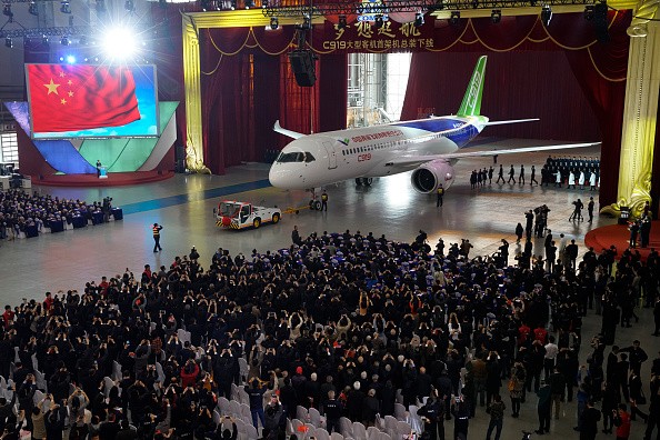 China's first self-developed large passenger jetliner C919 is presented after it rolled off the production line at Shanghai Aircraft Manufacturing Co., Ltd on Nov. 2, 2015 in Shanghai, China.  (Photo: ChinaFotoPress/2Getty Images)