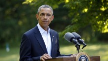 U.S. President Barack Obama delivers a statement on the situation in Iraq from his vacation home at Martha's Vineyard, Massachusetts August 11, 2014.