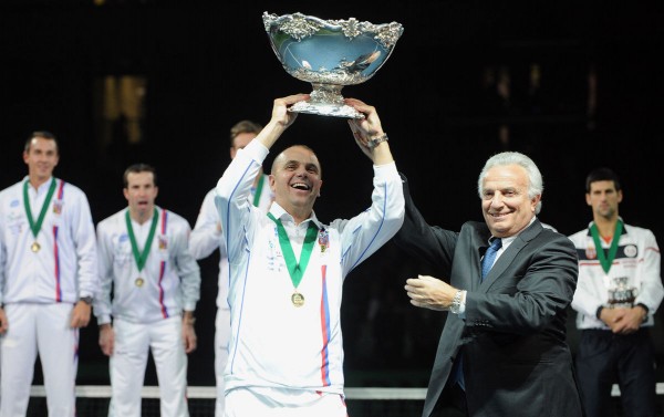 International Tennis Federation President Ricci Bitti handing over the Davis Cup to hosts Ukraine last week