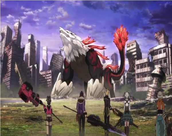 A screenshot of the opening movie from "God Eater 2."