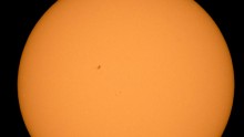 Can you see it? The planet Mercury is seen in silhouette, lower third of image, as it transits across the face of the sun Monday, May 9, 2016, as viewed from Boyertown, Pennsylvania.