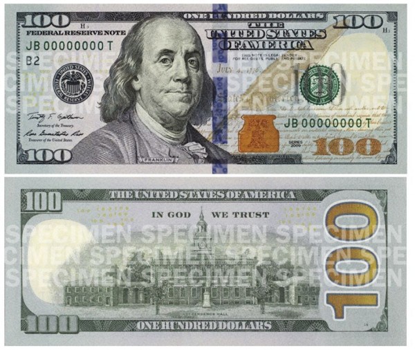 Combination photo shows the front and back of the newly designed $100 bill. REUTERS/U.S.