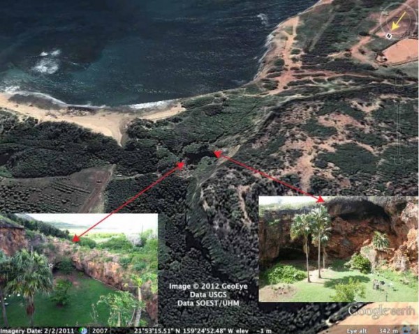 The only well-documented paleotsunami deposit in Hawai'i from the 16th century is on Kaua`i. The Makauwahi sinkhole, on the side of a hardened sand dune, is viewed toward the southeast from an apparent altitude of 342 m. Inset photos show two of the wall 