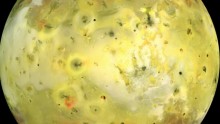 True color image of Jupiter’s moon Io made by the Galileo spacecraft. Io has no identified impact craters because massive volcanic eruptions continually resurface it. 