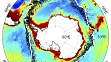 Location of the southern Antarctic Circumpolar Current front (white contour), with -1 degree Celsius sea surface temperature lines (black contours) on Sept. 22 each year from 2002-2009, plotted against a chart of the depth of the Southern Ocean around Ant