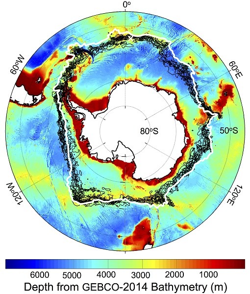 Location of the southern Antarctic Circumpolar Current front (white contour), with -1 degree Celsius sea surface temperature lines (black contours) on Sept. 22 each year from 2002-2009, plotted against a chart of the depth of the Southern Ocean around Ant