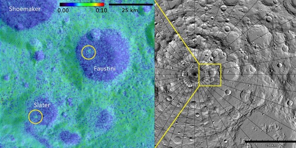 Using data from the LAMP instrument aboard the Lunar Reconnaissance Orbiter, a Southwest Research Institute-led team of scientists discovered two geologically young craters — one (right) 16 million, the other (left) between 75 and 420 million, years old —