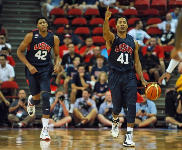 Anthony Davis, left, can anchor Team USA down low but its Derrick Rose, right, who is charged with leading the squad through the FIBA World Cup - Reuters