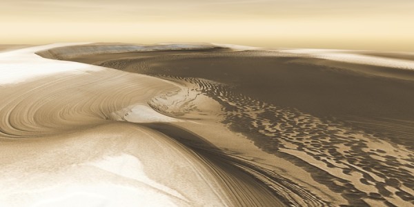 Here we are looking at the head of Chasma Boreale, a canyon that reaches 570 kilometers (350 miles) into the north polar cap. 