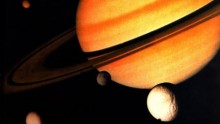 Montage taken from NASA's Voyager 1 spacecraft of Saturn and its moons.