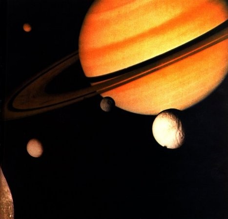 Montage taken from NASA's Voyager 1 spacecraft of Saturn and its moons.