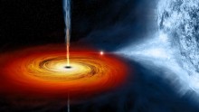 An artist's drawing a black hole named Cygnus X-1. It formed when a large star caved in. This black hole pulls matter from the blue star beside it.