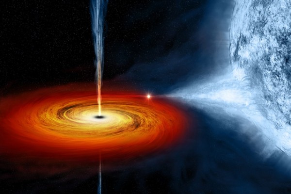 An artist's drawing a black hole named Cygnus X-1. It formed when a large star caved in. This black hole pulls matter from the blue star beside it.