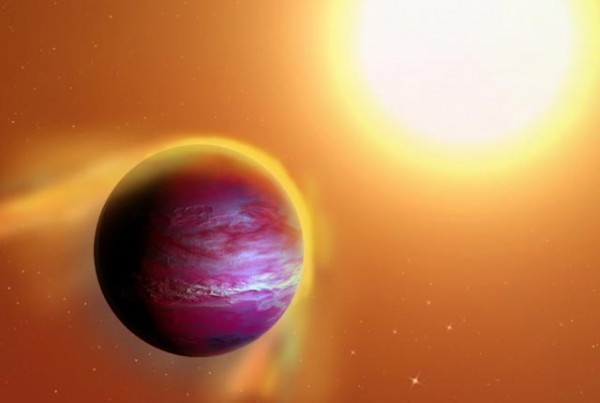 An artist’s impression of likely new giant planet PTFO8-8695 b, which is believed to orbit a star in the constellation Orion every 11 hours. Gravity from the newborn star appears to be pulling away the outer layers of the Jupiter-like planet. 