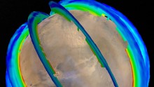 NASA Mars Orbiters Reveal Seasonal Dust Storm Pattern This graphic presents Martian atmospheric temperature data as curtains over an image of Mars taken during a regional dust storm. The temperature profiles extend from the surface to about 50 miles up. T