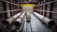 Used Falcon 9 rockets in SpaceX hangar in NASA's Kennedy Space Center, Florida.