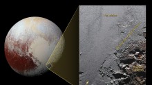 This enhanced color view from NASA's New Horizons spacecraft zooms in on the southeastern portion of Pluto's great ice plains, where at lower right the plains border rugged, dark highlands informally named Krun Macula. 