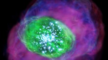  Artist’s concept of SXDF-NB1006-2. Many young bright stars are located in the galaxy and ionize the gas inside and around the galaxy. Green color indicates the ionized oxygen detected by ALMA, whereas purple shows the distribution of ionized hydrogen det