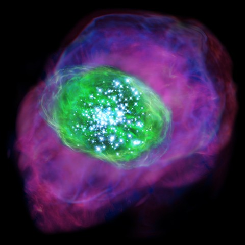  Artist’s concept of SXDF-NB1006-2. Many young bright stars are located in the galaxy and ionize the gas inside and around the galaxy. Green color indicates the ionized oxygen detected by ALMA, whereas purple shows the distribution of ionized hydrogen det