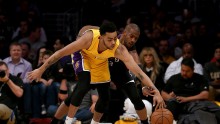 Lakers point guard D'Angelo Russell (L) dribbles against Clippers' Chris Paul
