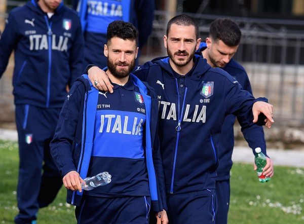 Italy national team players Antonio Candreva (L) and Leonardo Bonucci