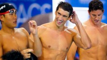 Michael Phelps wins Gold medal in 4x200 meter relay at the Pan Pacific Championships in Australia