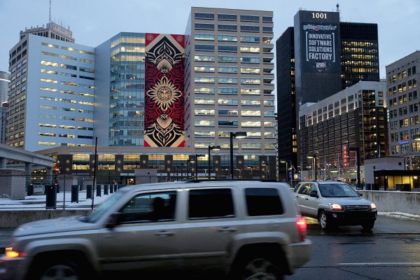 Famous street artist Shepard Fairey's 184-foot by 60-foot mural on the side of the One Campus Martius building is seen in downtown March 2, 2016 in Detroit, Michigan.