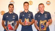 Manchester United players (from L to R) Henrikh Mkhitaryan, Ander Herrera, and Wayne Rooney during a Gulf Oil event