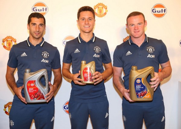 Manchester United players (from L to R) Henrikh Mkhitaryan, Ander Herrera, and Wayne Rooney during a Gulf Oil event