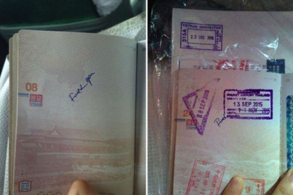 Offensive language is written on a Chinese tourist's passport on page 8 and 24 after the tourist handed over her passport to Vietnamese border staff at passport control at Tan Son Nhat International Airport.