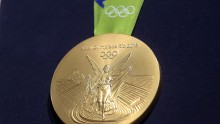 A close-up of the Olympic gold medal during the Launch of Medals and Victory Ceremonies for the Rio 2016 Olympic and Paralympic Games at the Future Arena in Olympic Park on June 14, 2016 in Rio de Janeiro, Brazil. 