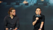 Director Zhang Yimou, right, speaks next to actor Matt Damon during a news conference of their latest movie 