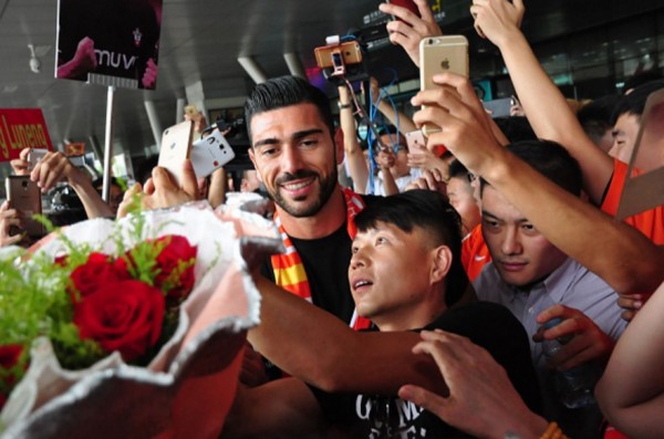 Shandong Luneng striker Graziano Pellè arrives in Jinan last month