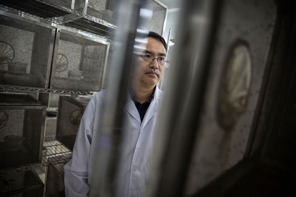 Chinese Professor Xi Zhiyong stands in front of a Production Facility