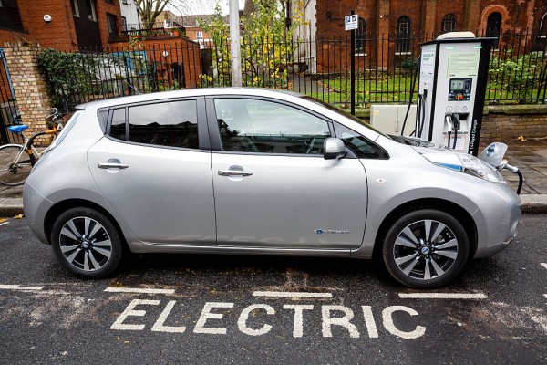 Go Ultra Low Nissan LEAF on charge on a London street. 
