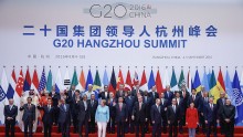 Leaders pose for a group photo during the G20 Summit in Hangzhou on September 4, 2016 in Hangzhou, China. 