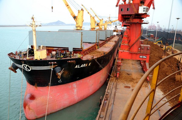 A freighter docks at Lianyungang Port in Lianyungang, Jiangsu Province of China.