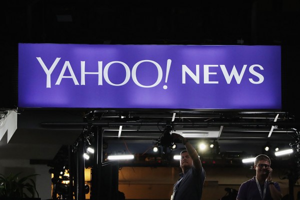  A Yahoo! News sign is displayed prior to the start of the first day of the Democratic National Convention at the Wells Fargo Center, July 25, 2016 in Philadelphia, Pennsylvania. 