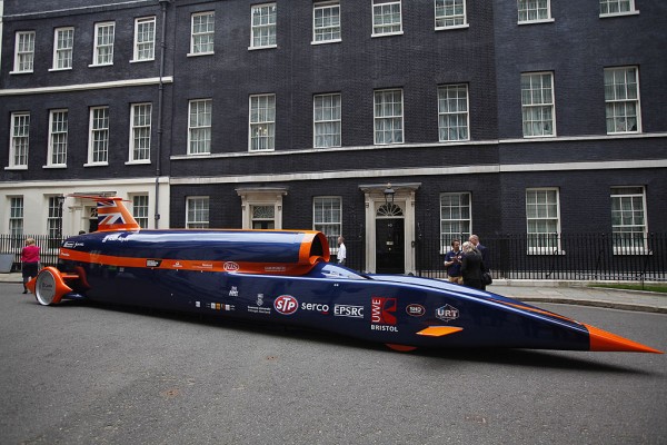  The Bloodhound Super Sonic Car is displayed at Downing Street on June 24, 2013 in London, England. Wing Commander Andy Green will be driving the Bloodhound SSC during a land speed record attempt in South Africa next year. 