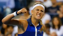Victoria Azarenka clinches her fist after winning her match against Aleksandra Krunic en route to the quarter-finals of the US Open