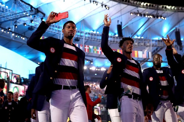 Paul George (L) and Jimmy Butler during their Team USA stint in the 2016 Rio Olympics
