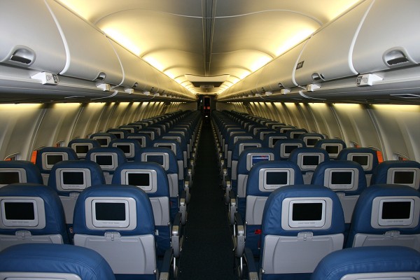 Inside an airplane cabin