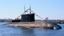  In this handout image supplied by Host photo agency / RIA Novosti, The submarine 'Magnitogorsk' at a rehearsal of the navy parade to mark the 70th anniversary of Victory in the 1941-1945 Great Patriotic War, May 7, 2015 in Baltiysk, Russia. 