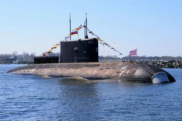  In this handout image supplied by Host photo agency / RIA Novosti, The submarine 'Magnitogorsk' at a rehearsal of the navy parade to mark the 70th anniversary of Victory in the 1941-1945 Great Patriotic War, May 7, 2015 in Baltiysk, Russia. 