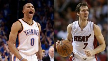 Oklahoma City Thunder's Russell Westbrook (L) and Miami Heat's Goran Dragic